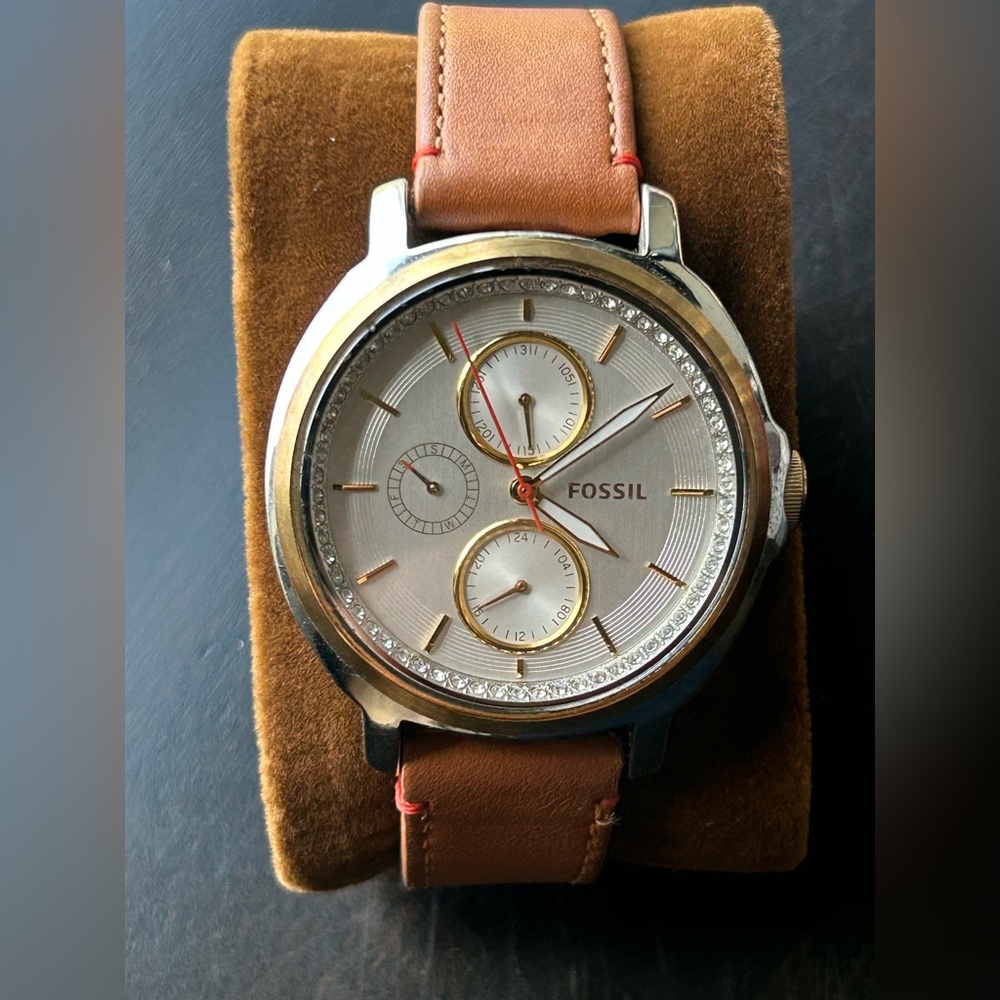 Fossil Watch Two Tone Silver and Gold with Tan Leather Band and Crystal Accents